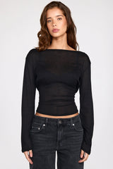 Sheer Jersey Long Sleeve Backless Top in Black