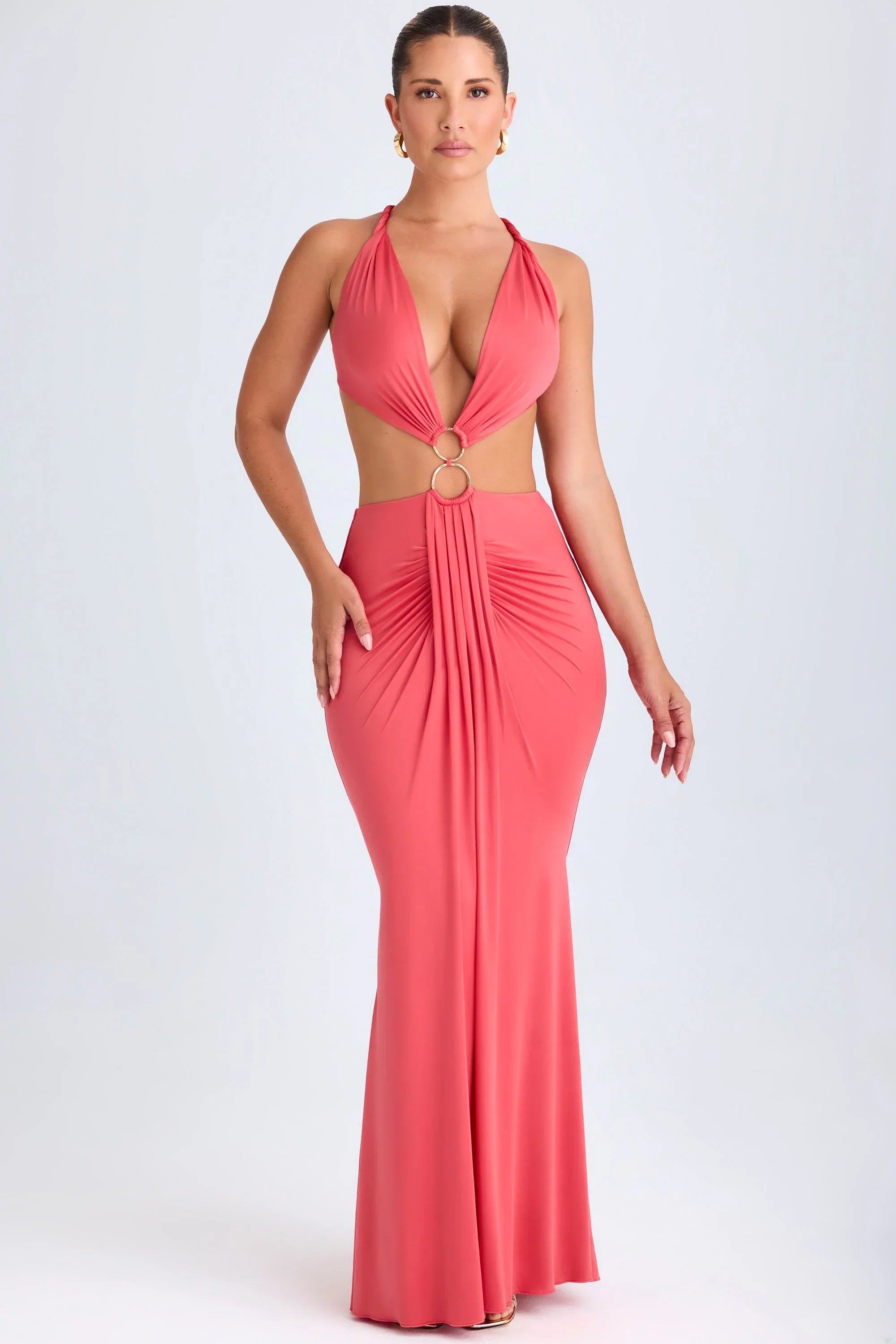 Hardware Detail Cut Out Halterneck Maxi Dress in Coral