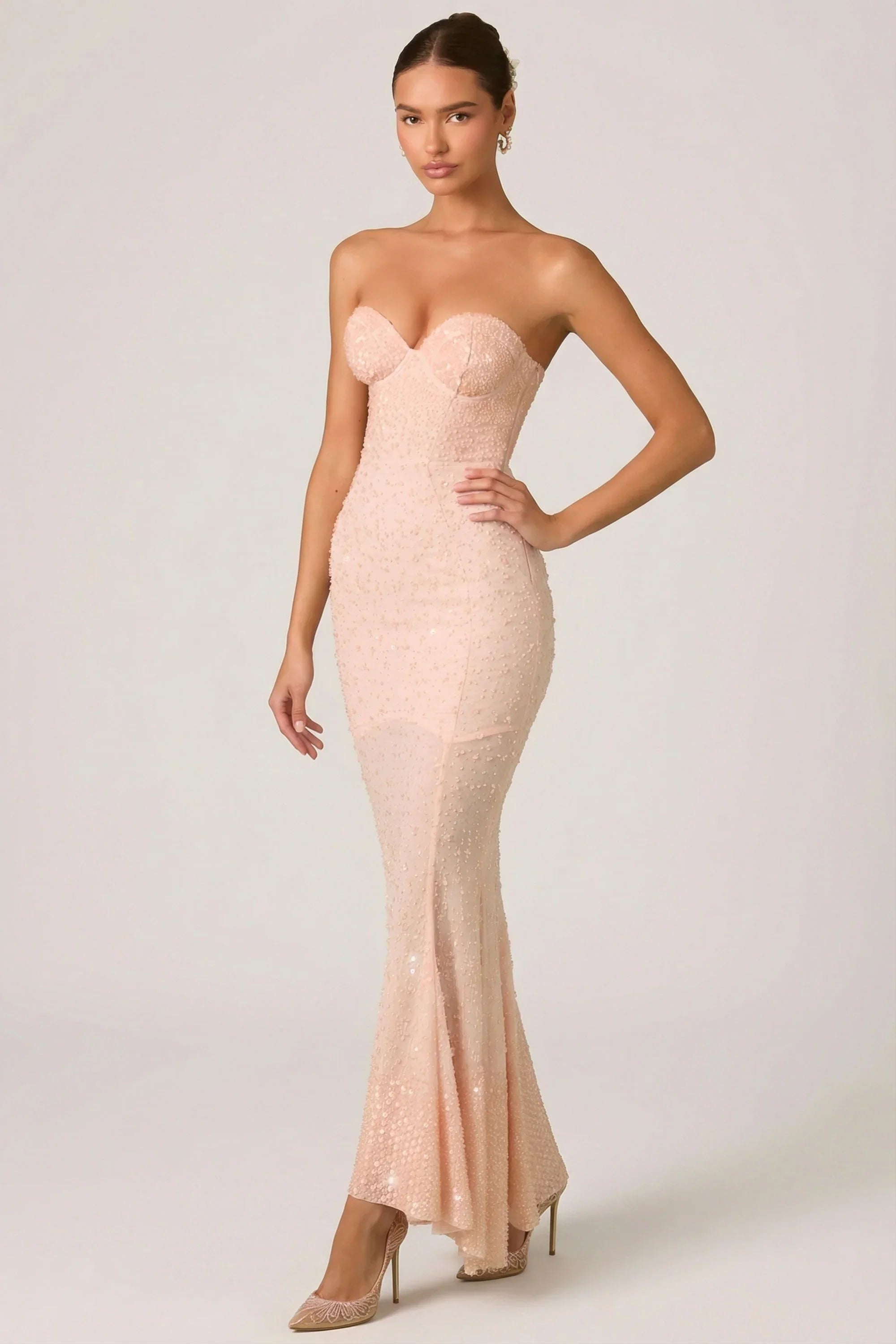 Embellished Sweetheart Neck Fishtail Gown in Dusty Rose