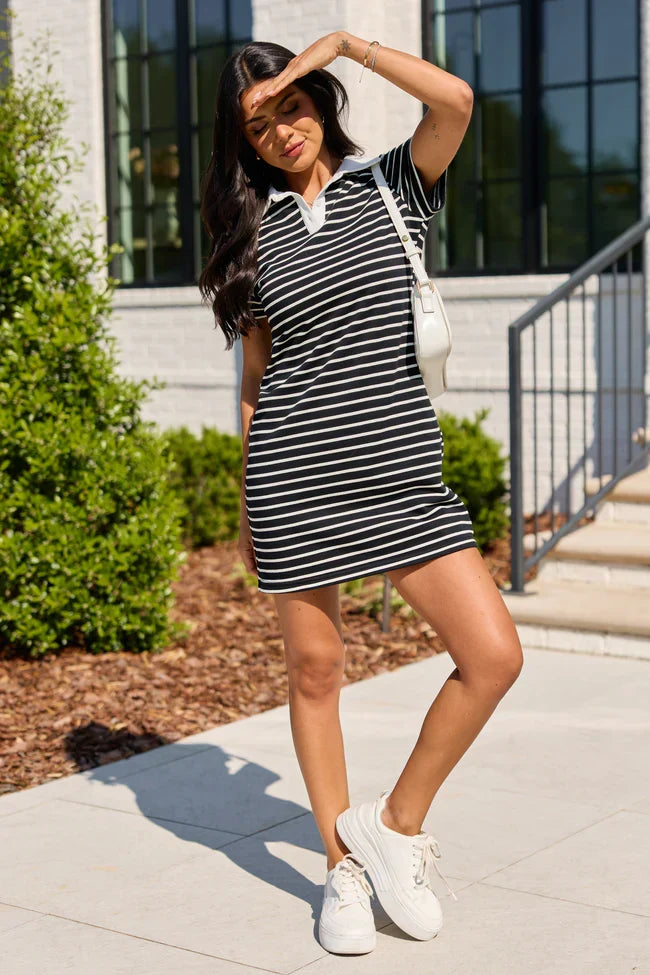 Prepared For Anything Black and White Collared Stripe Dress