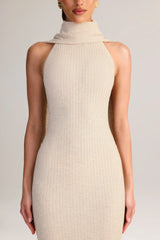 Rib Knit Scarf Detail Halterneck Maxi Dress in Cream
