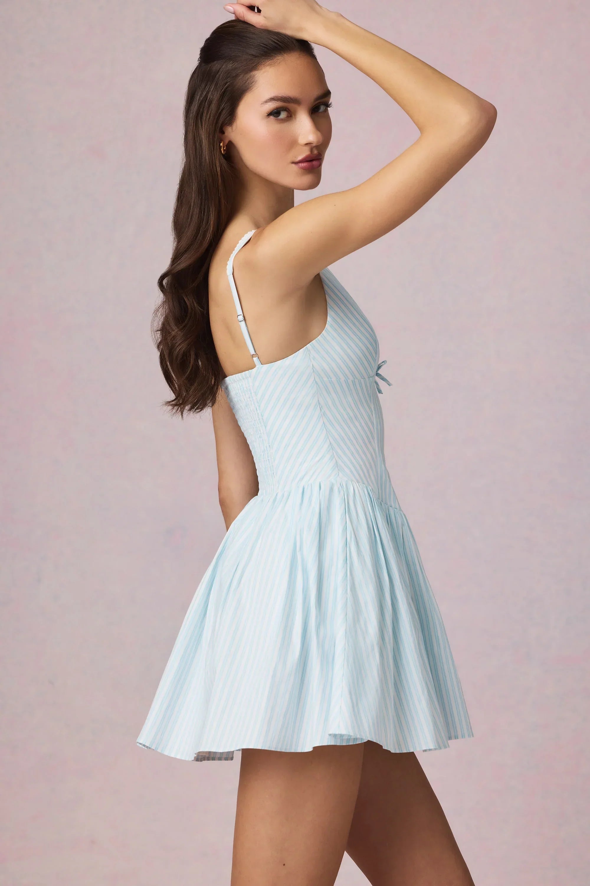 Bow Detail A Line Mini Dress in Powder Blue Stripe