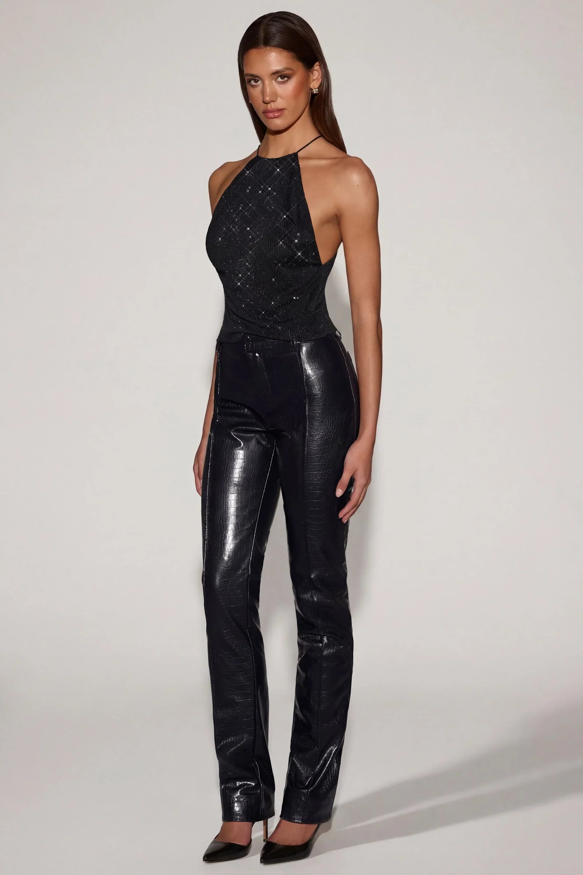 Faux Croc Leather Straight Leg Trousers in Black