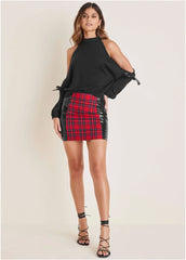 Plaid Faux Leather Skirt Racing Red Multi