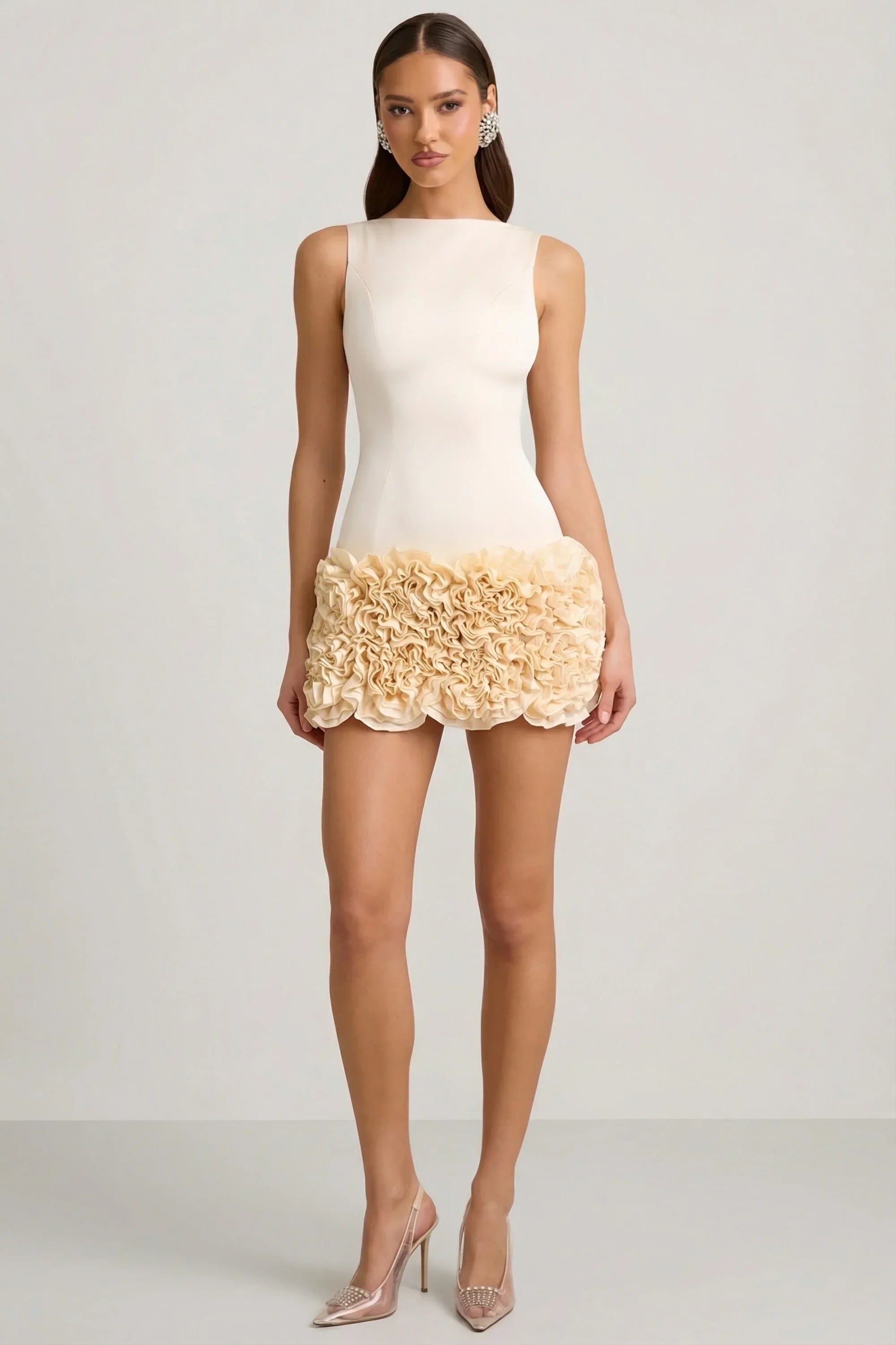 Satin Floral Appliqué Open Back Mini Dress in Ivory