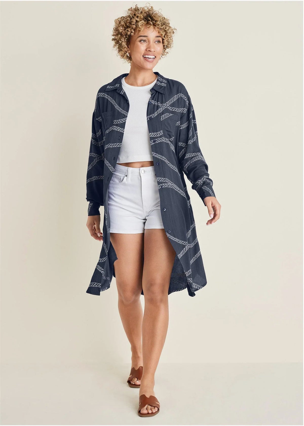 Maxi Button Front Blouse Yacht Rope Print