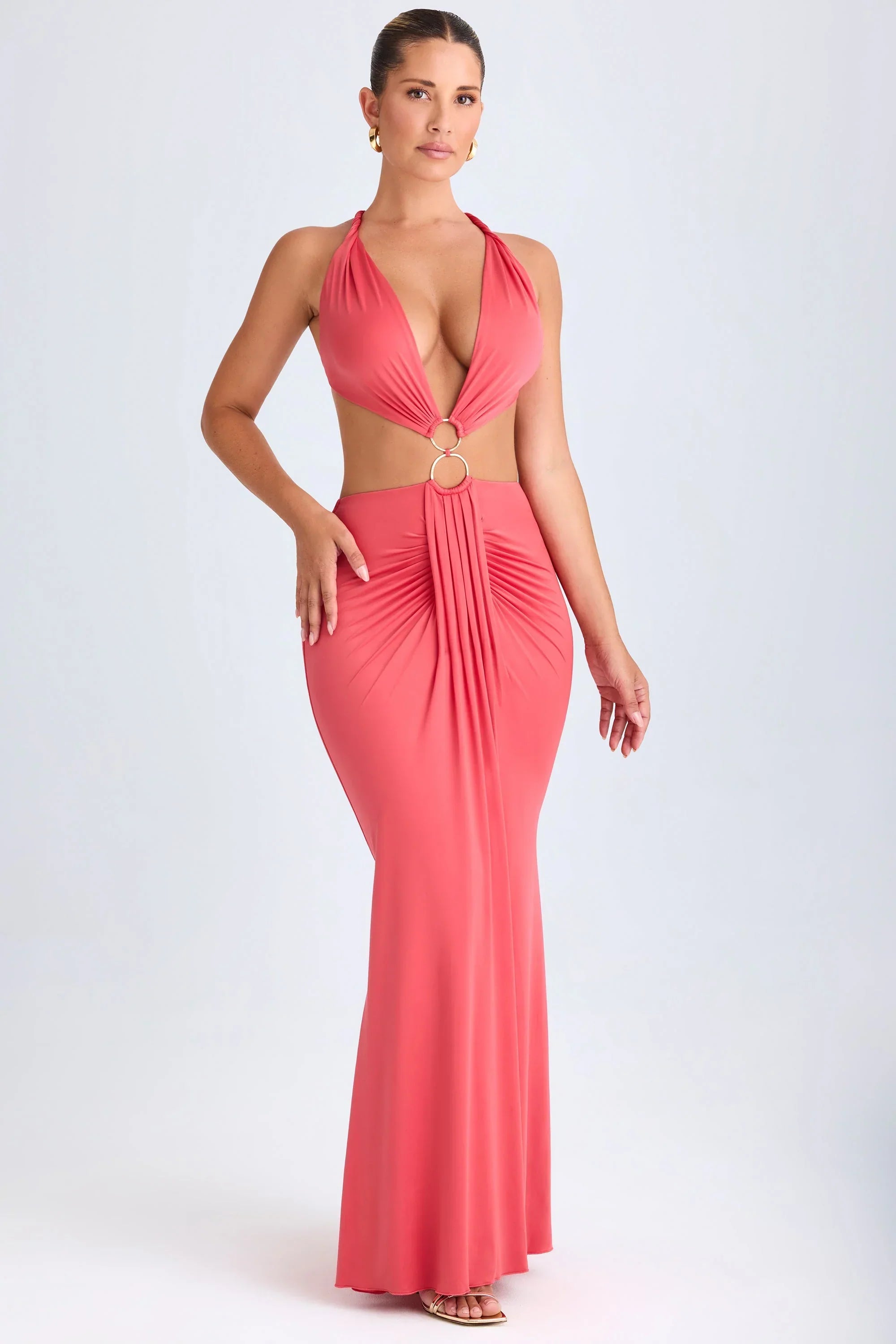 Hardware Detail Cut Out Halterneck Maxi Dress in Coral