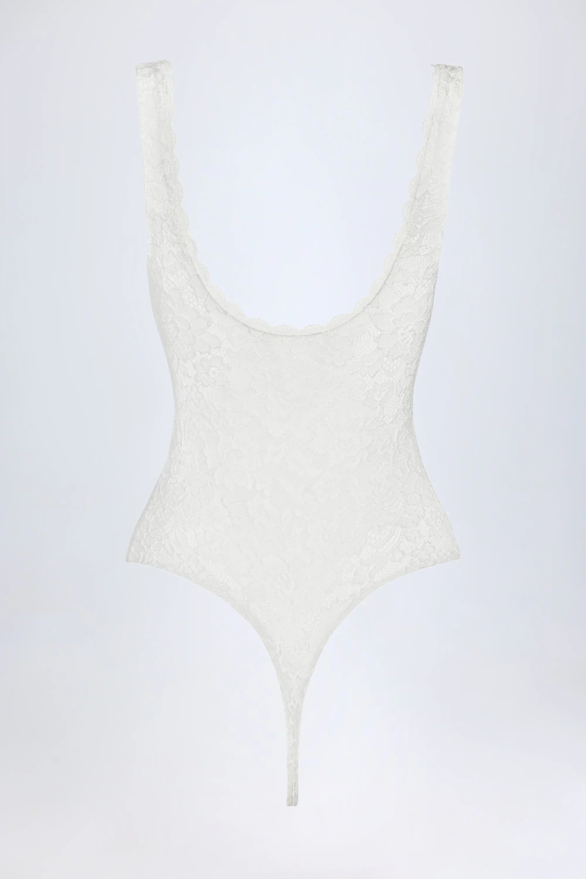 Sheer Lace Scalloped Plunge Neck Bodysuit in White