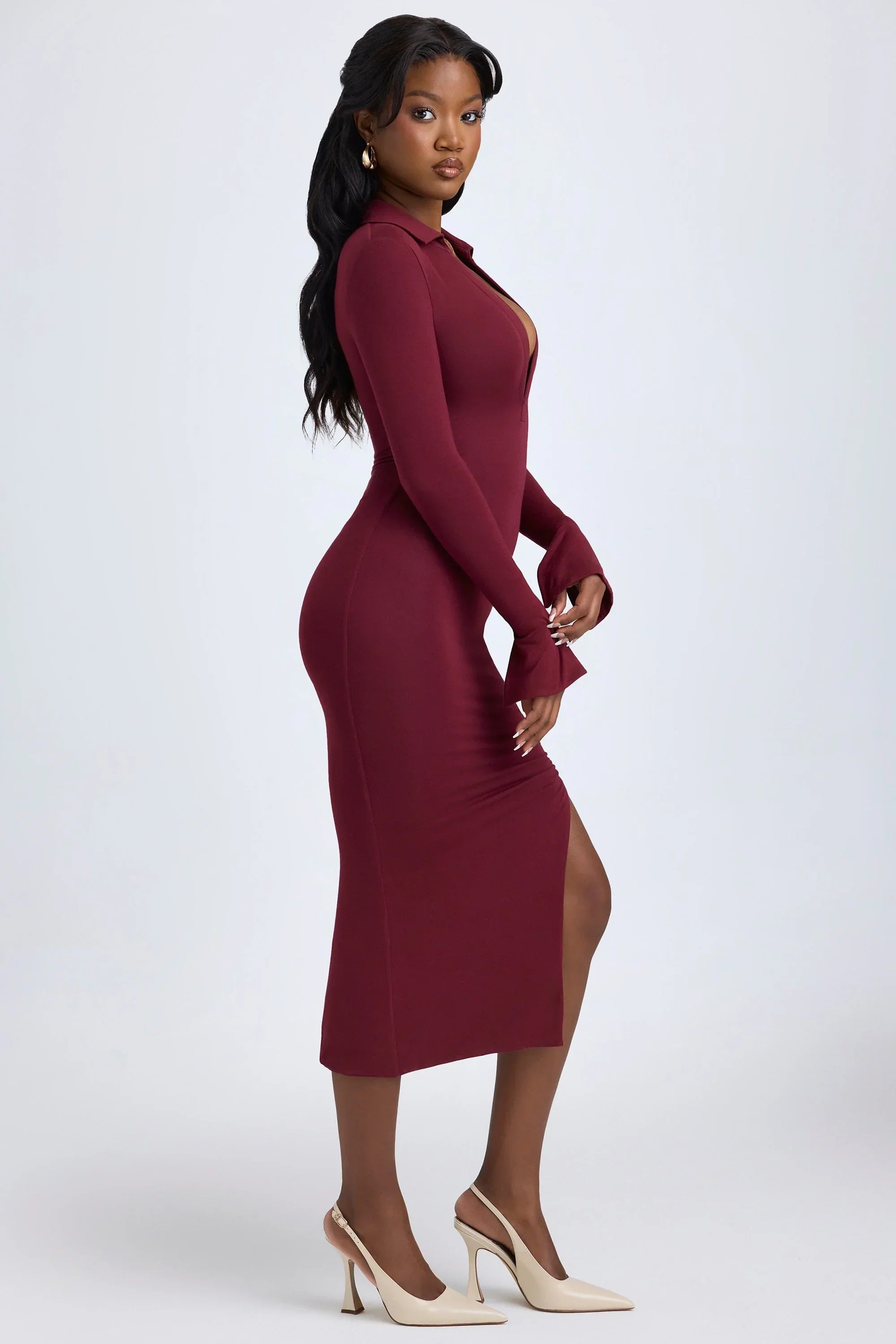 Modal Plunge V Neck Midaxi Dress in Wine Red