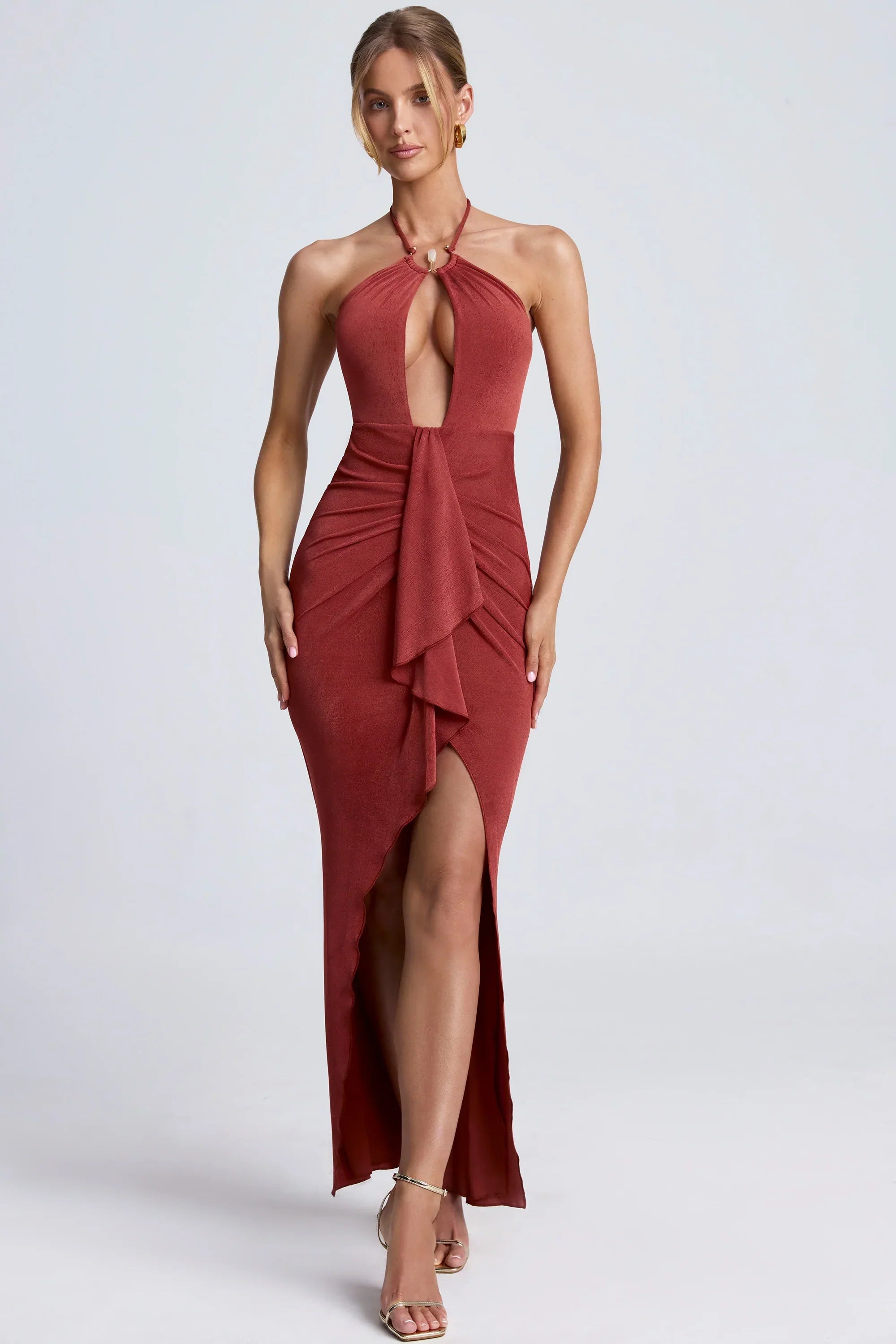 Hardware Detail Cut Out Halterneck Maxi Dress in Auburn Brown