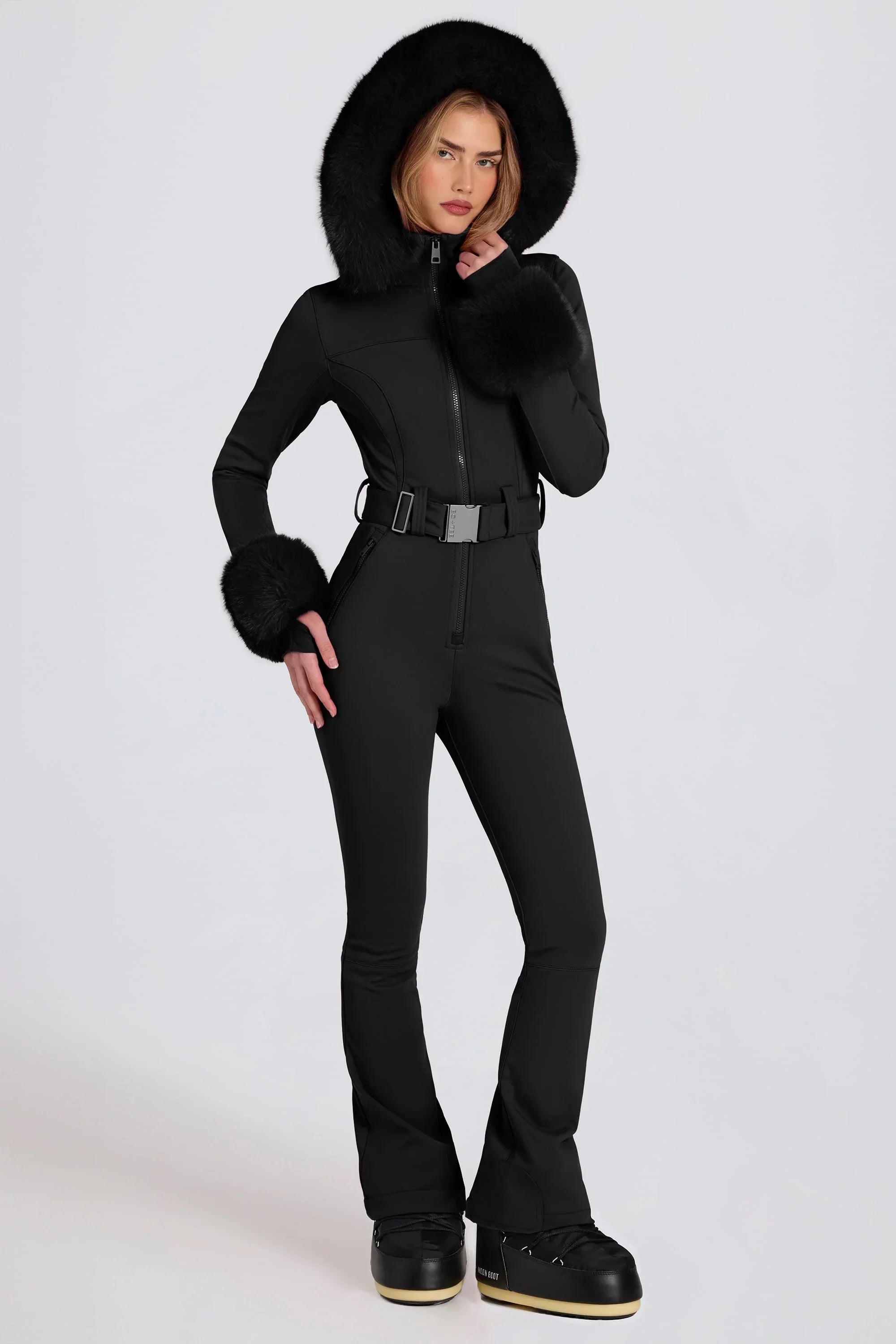Waterproof Faux Fur Hood Fitted Ski Suit in Black