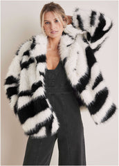 Zebra Print Faux Fur Coat White Multi