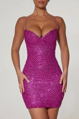 Embellished Sweetheart Neck Mini Dress in Magenta