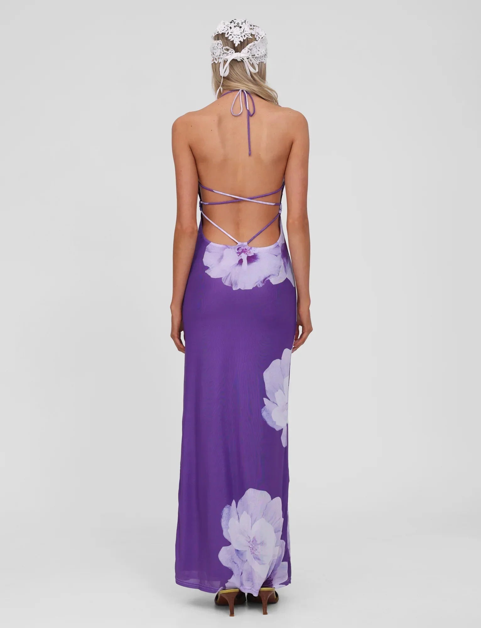 NOUR MESH MAXI DRESS PURPLE MACRO FLORAL