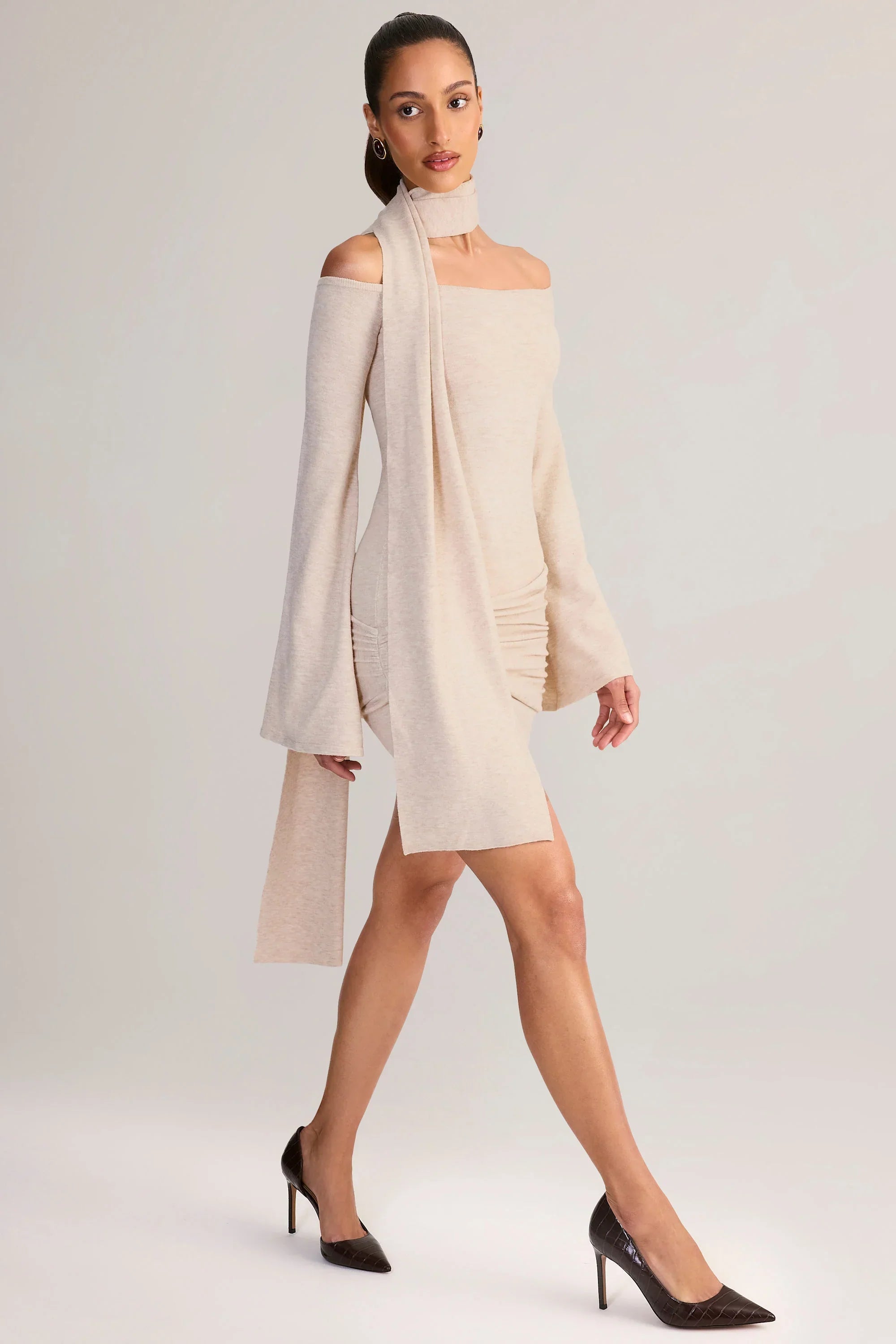 Knit Scarf Detail Off Shoulder Mini Dress in Cream