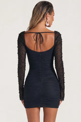 Embellished Long Sleeve Mini Dress in Black