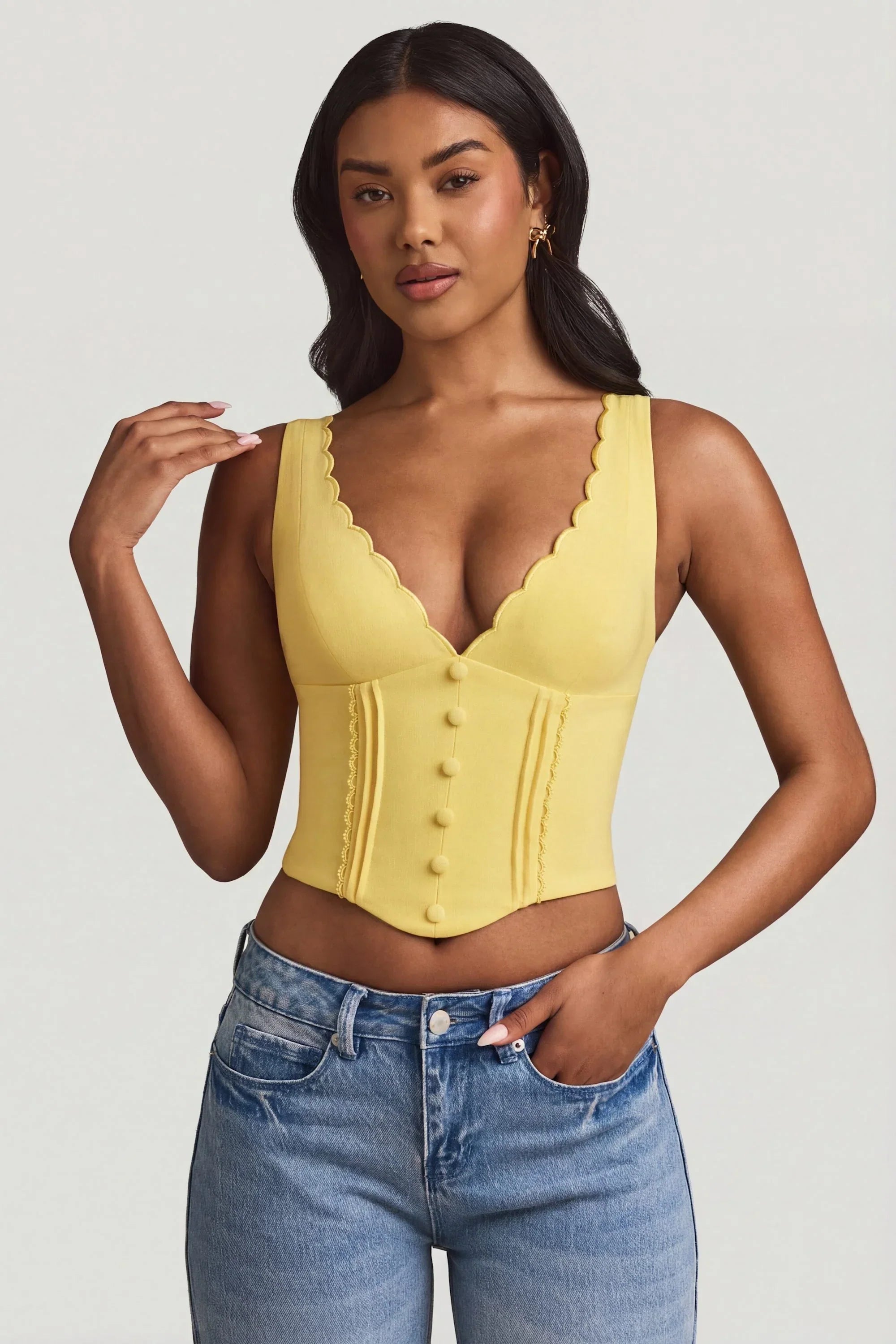 Plunge Neck Scalloped Corset Top in Pastel Yellow