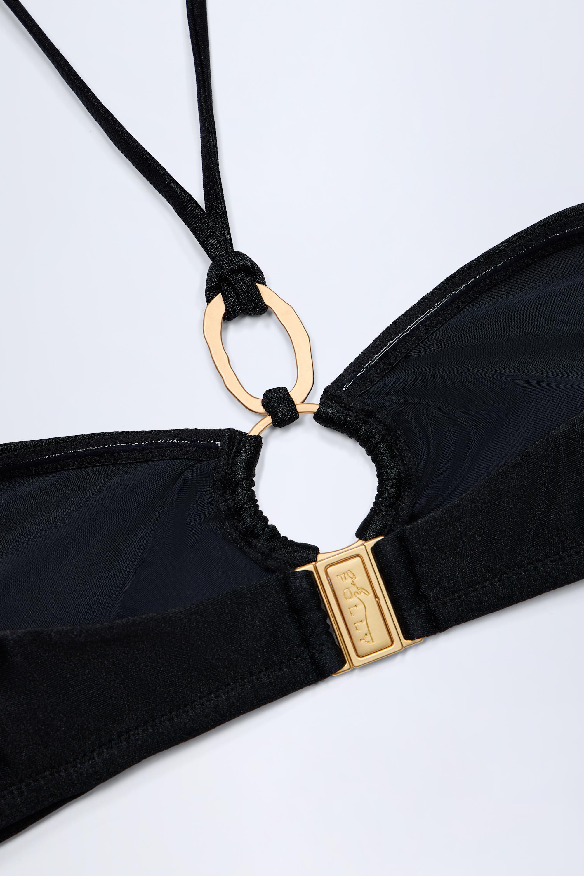 Hardware Detail Ruched Halterneck Bikini Top in Black
