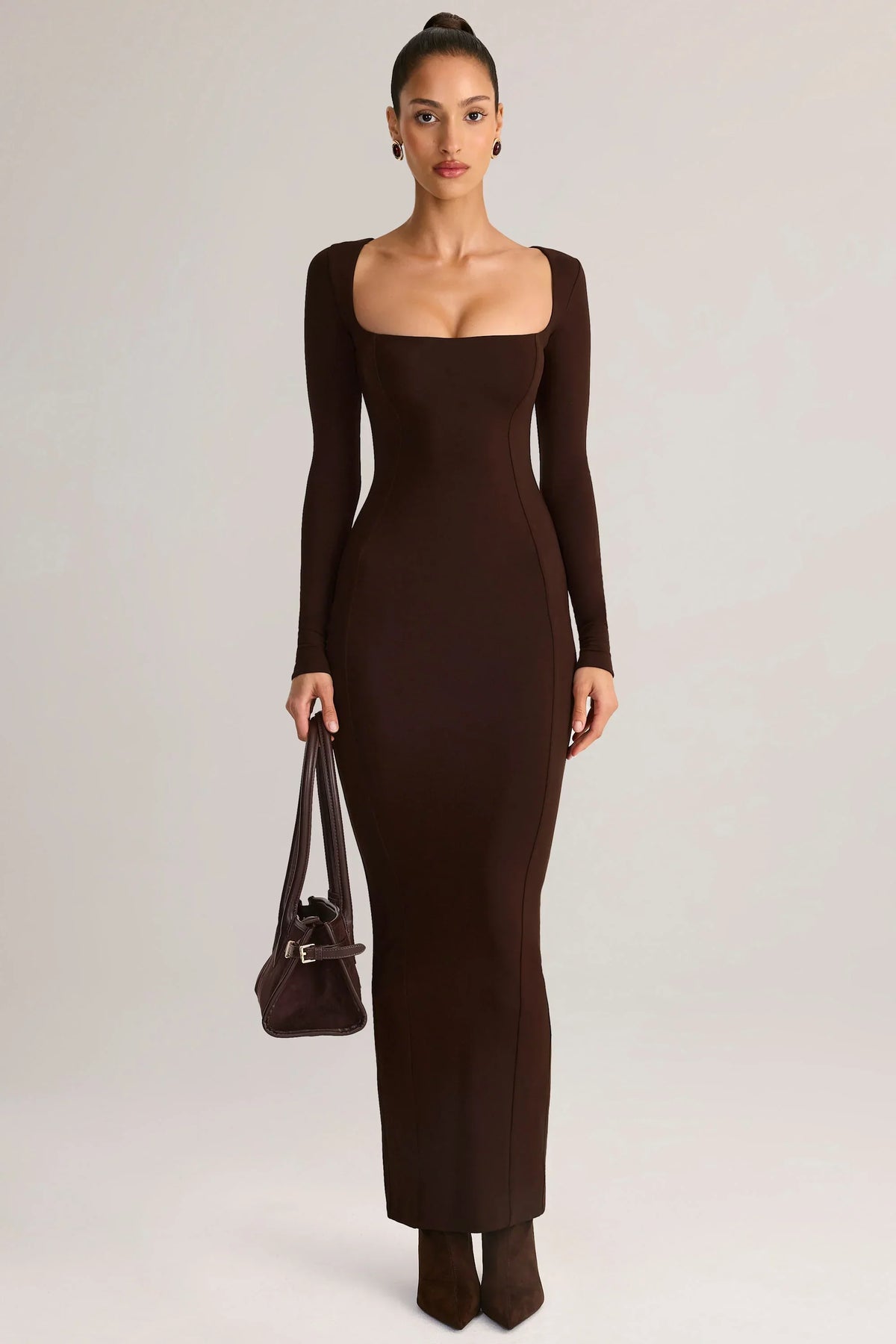 Modal Square Neck Bodycon Maxi Dress in Chocolate Brown