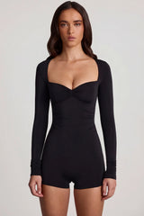 Soft Jersey Sweetheart Long Sleeve Mini Playsuit in Black