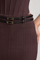 Pinstripe Low Rise Maxi Skirt in Chocolate Brown