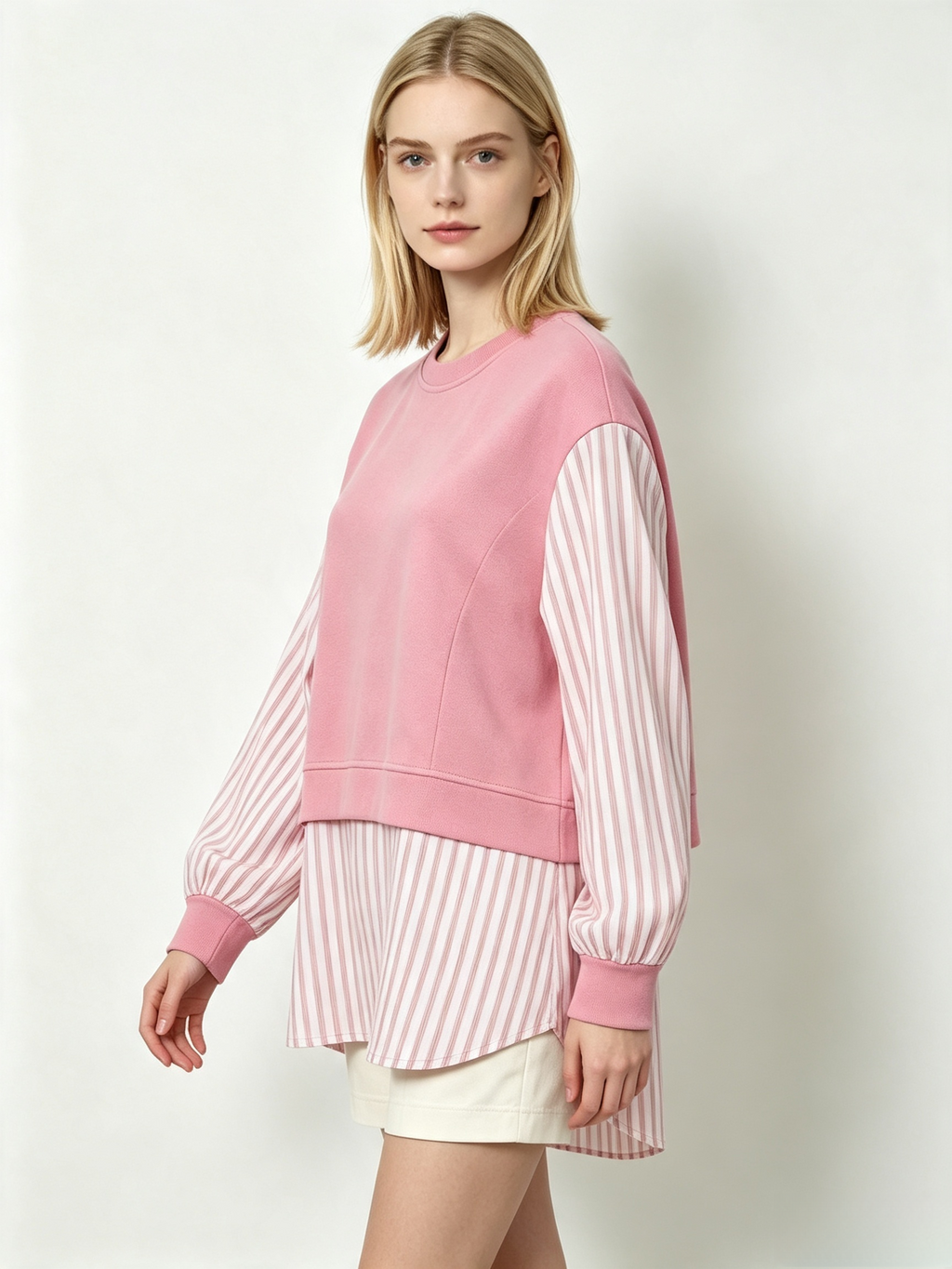 Pink Striped Fake Two-Piece Long Sleeve Top