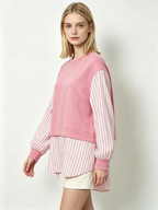 Pink Striped Fake Two-Piece Long Sleeve Top