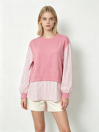 Pink Striped Fake Two-Piece Long Sleeve Top