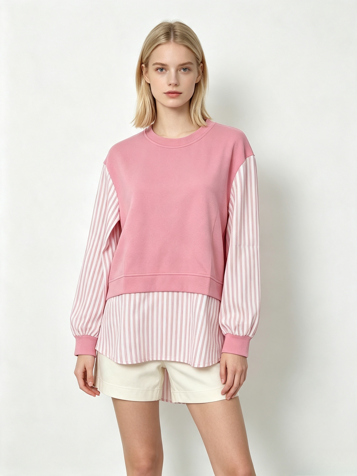 Pink Striped Fake Two-Piece Long Sleeve Top