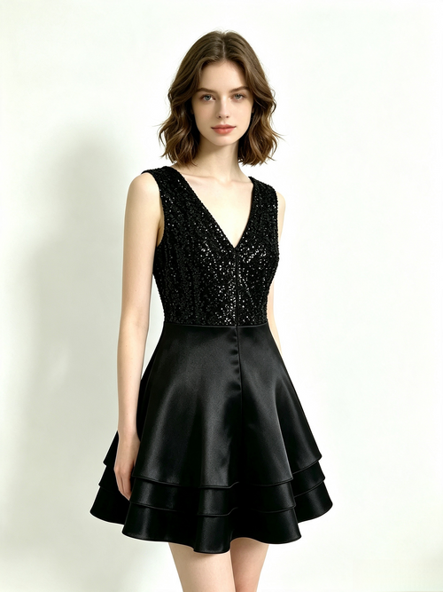 Black Sequin V-Neck Mini Dress