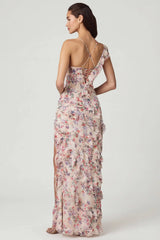 Asymmetric Ruffled Lace Up Gown in Primrose Floral Print