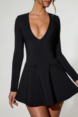 Bow Detail Plunge Neck A Line Mini Dress in Black