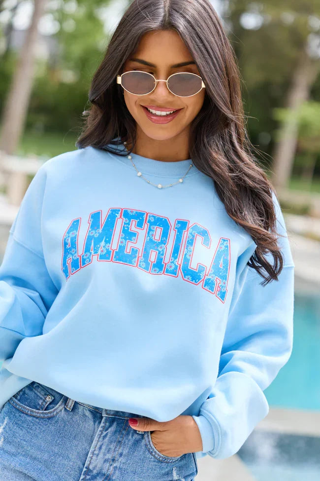America Floral Light Blue Graphic Sweatshirt