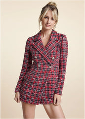 Tweed Button Detail Romper Red Black