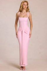 Square Neck Tie Gather Maxi Dress in Blossom Pink