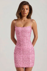 Embellished Scoop Neck Bodycon Mini Dress in Pink