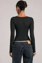 V Neck Long Sleeve Top in Black