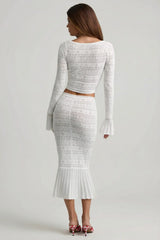 Ruffle Trim Pointelle Knit Midaxi Skirt in White