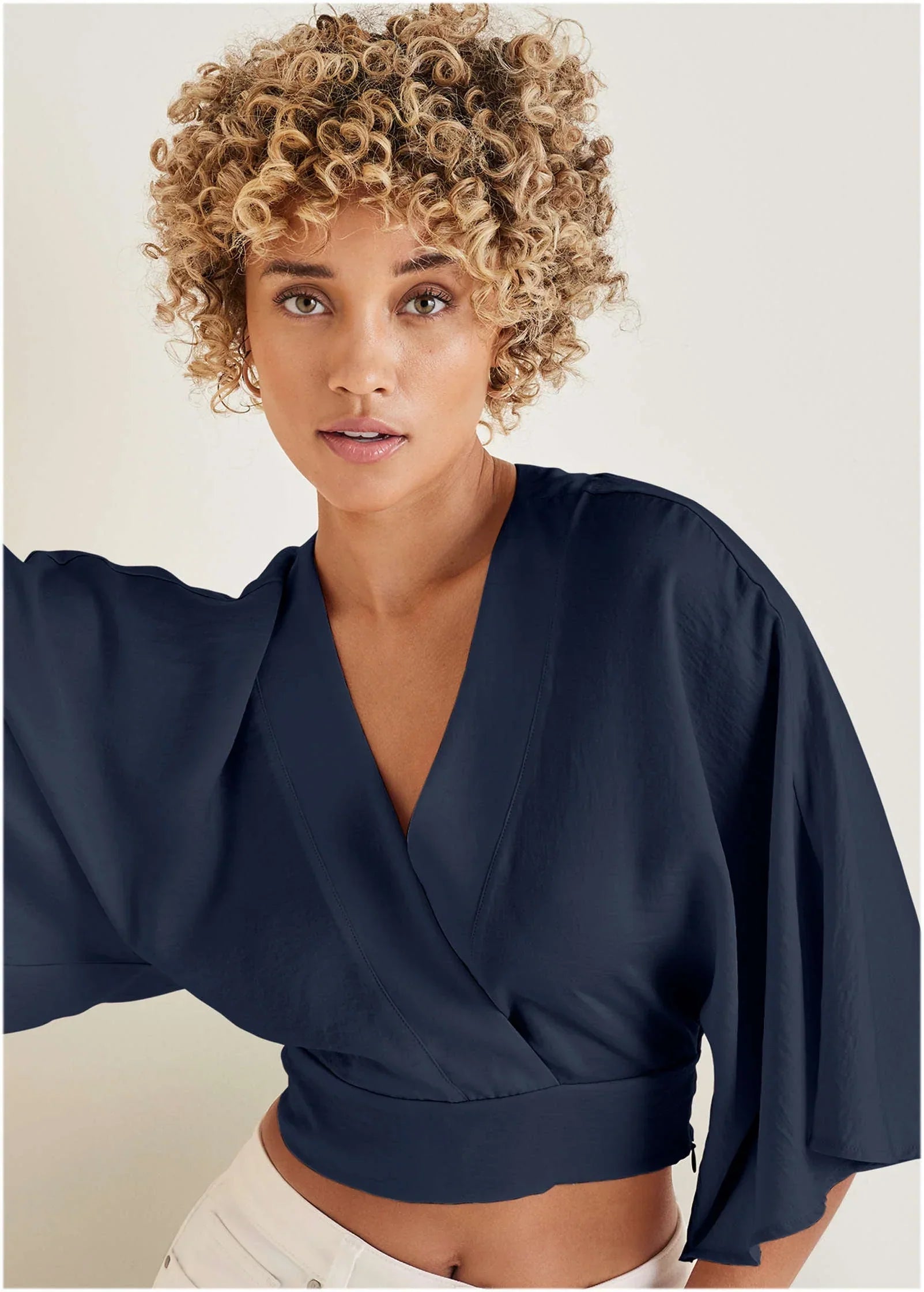 Kimono Sleeve Faux Wrap Top Navy