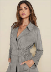 Faux Suede Trench Coat Grey