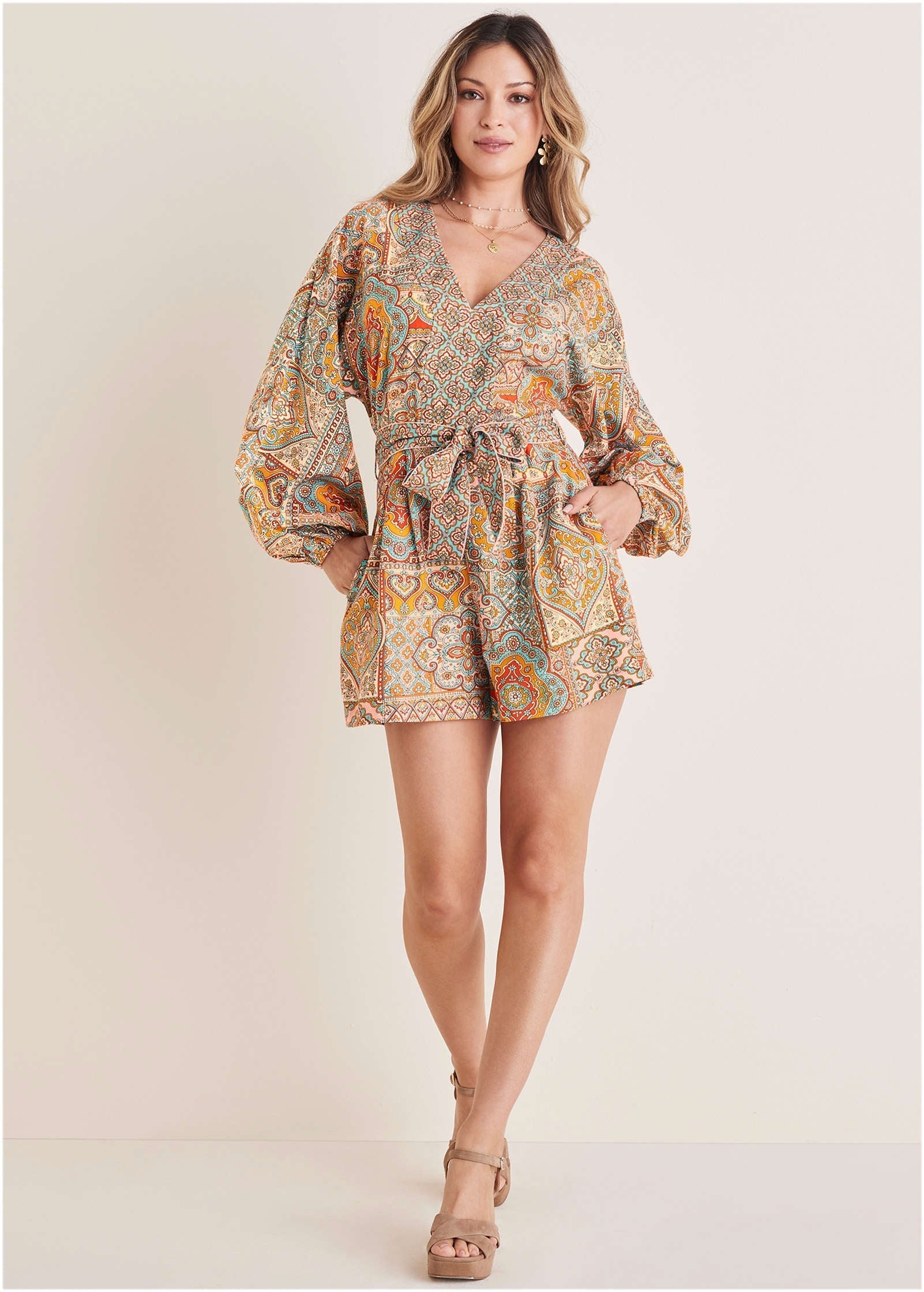 Linen Tie Waist Romper Medallion Golden Patchwork