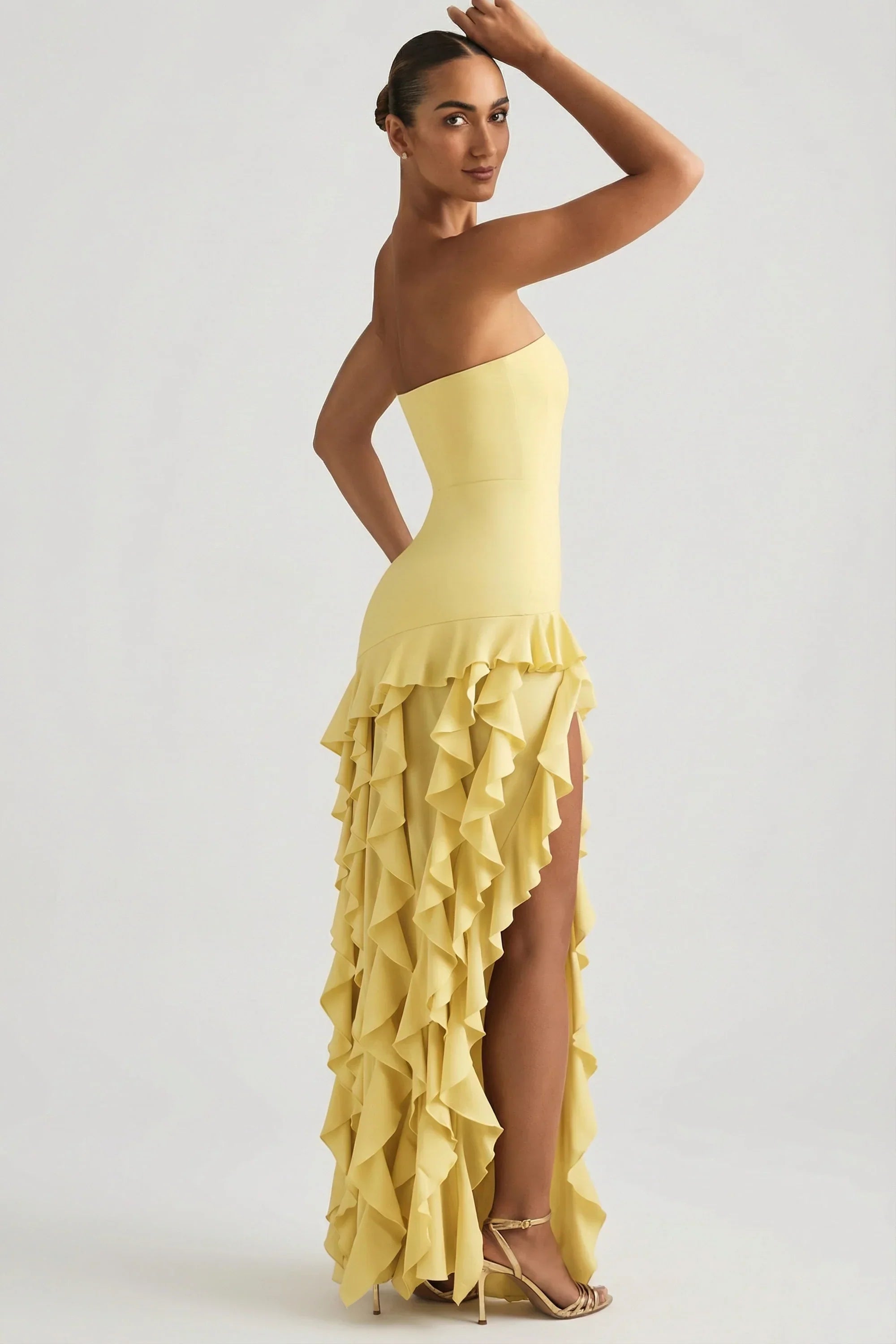 Ruffle Trim Strapless Gown in Pastel Yellow