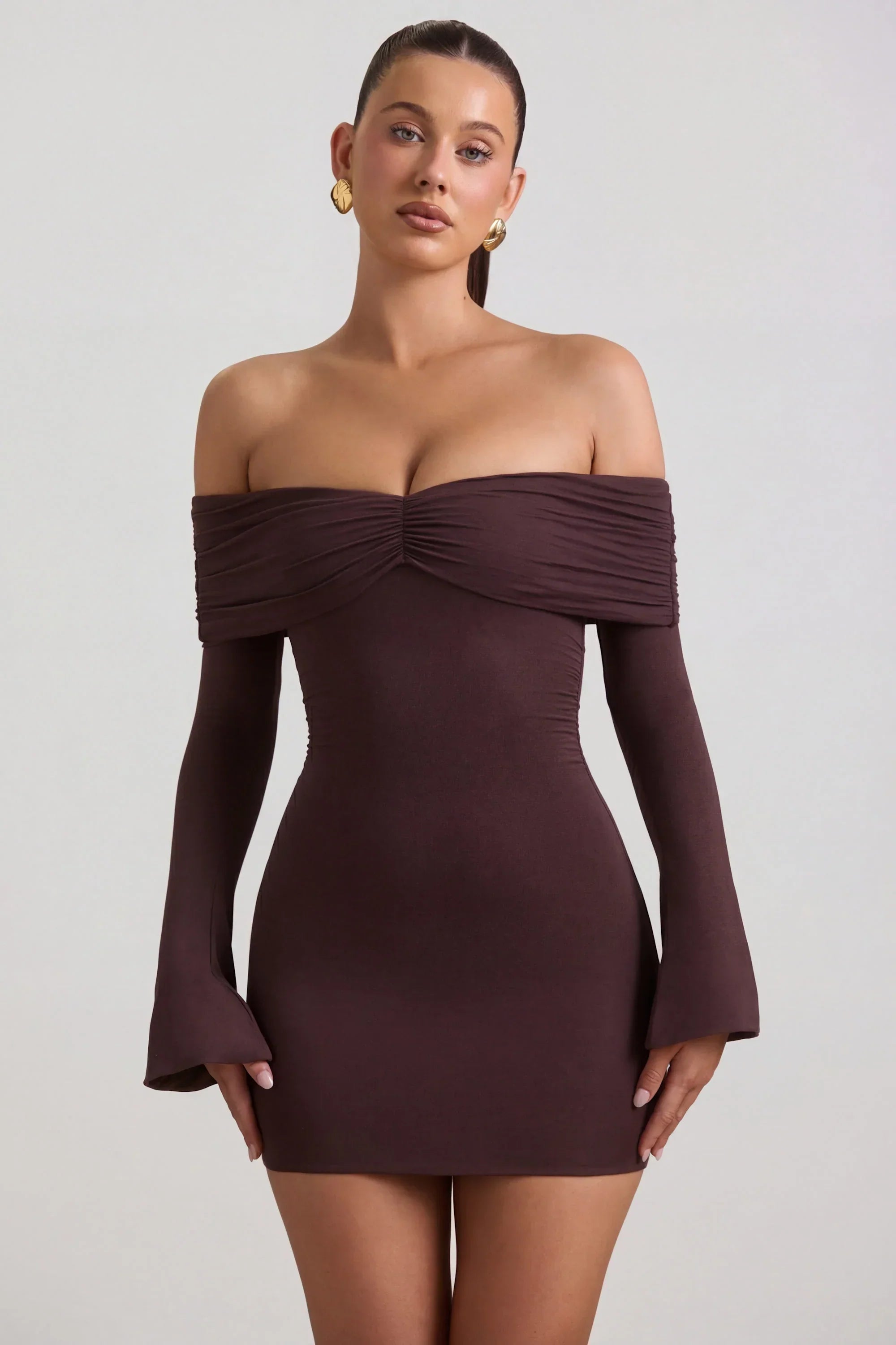 Modal Cashmere Blend Off Shoulder Ruched Mini Dress in Espresso