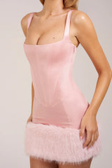 Satin Square Neck Corset Faux Fur Mini Dress in Blush Pink