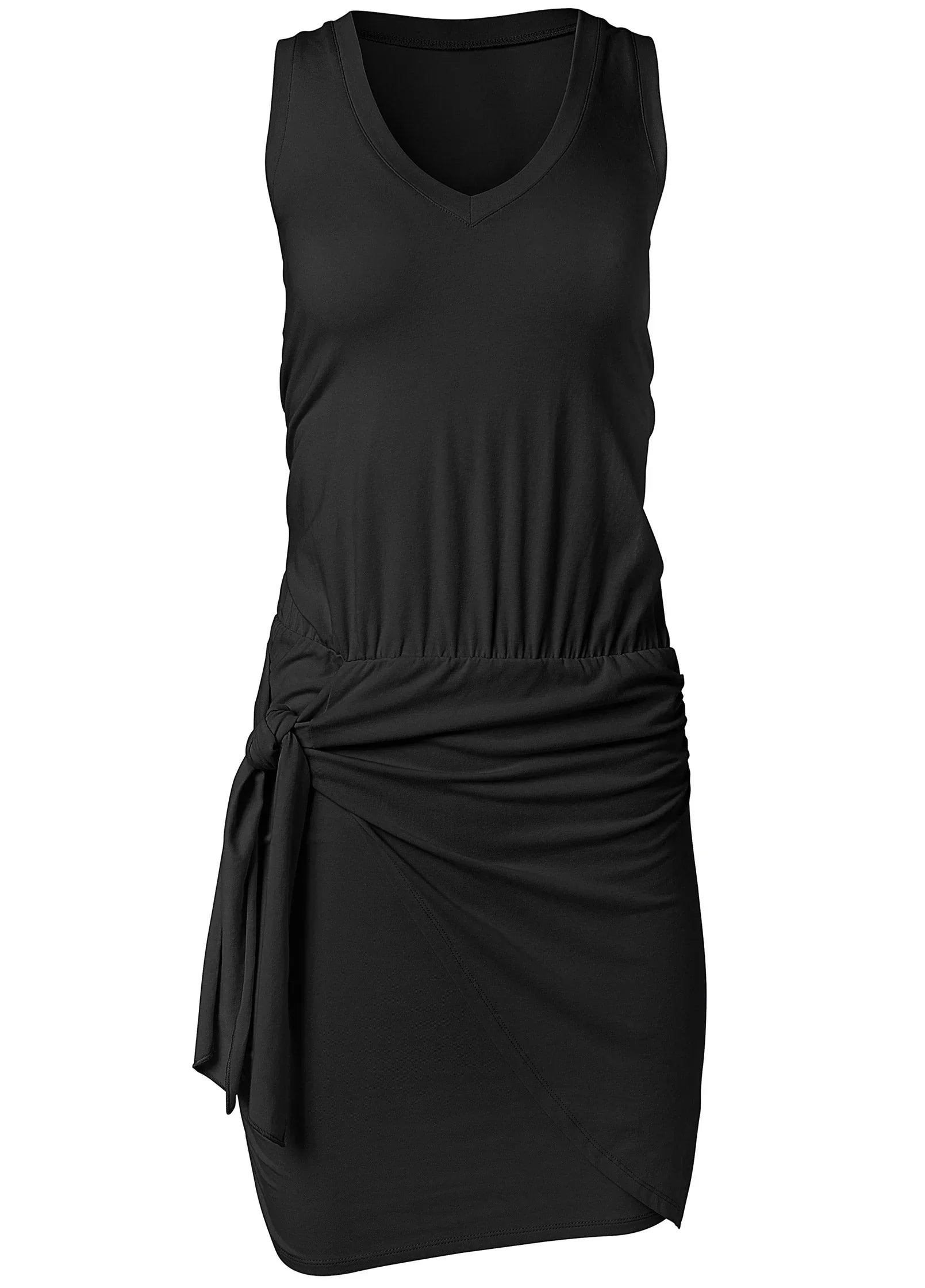 V Neck Side Wrap Mini Dress Black