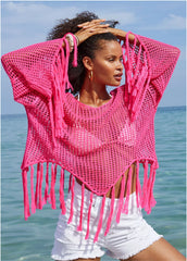 Fringe Crochet Cover Up Hot Pink