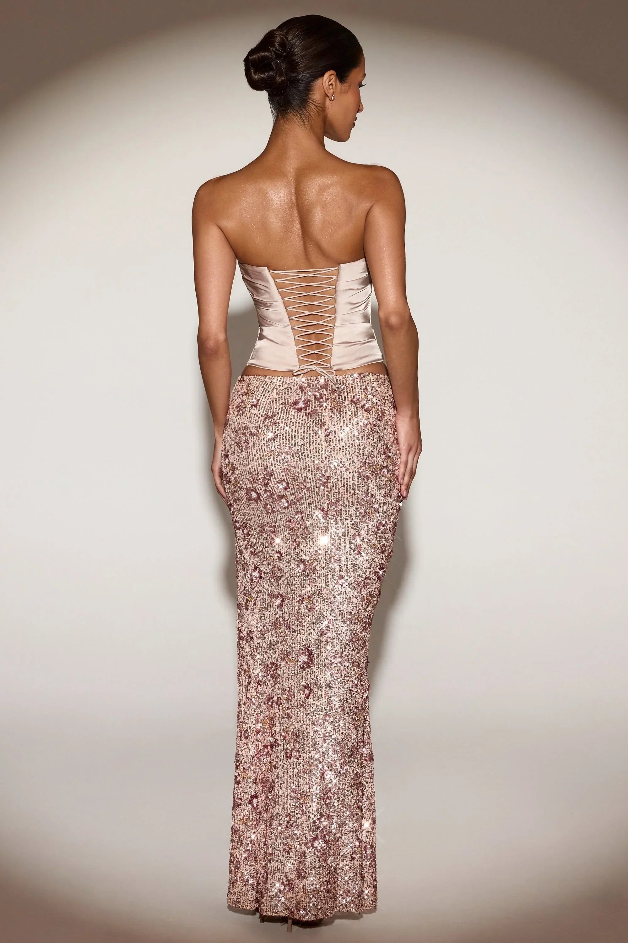 Embellished Mid Rise Thigh Split Maxi Skirt in Rose Gold