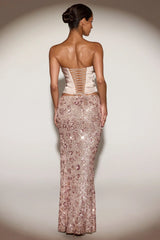Embellished Mid Rise Thigh Split Maxi Skirt in Rose Gold