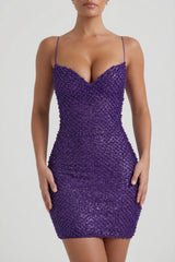 Embellished Sweetheart Neck Mini Dress in Purple
