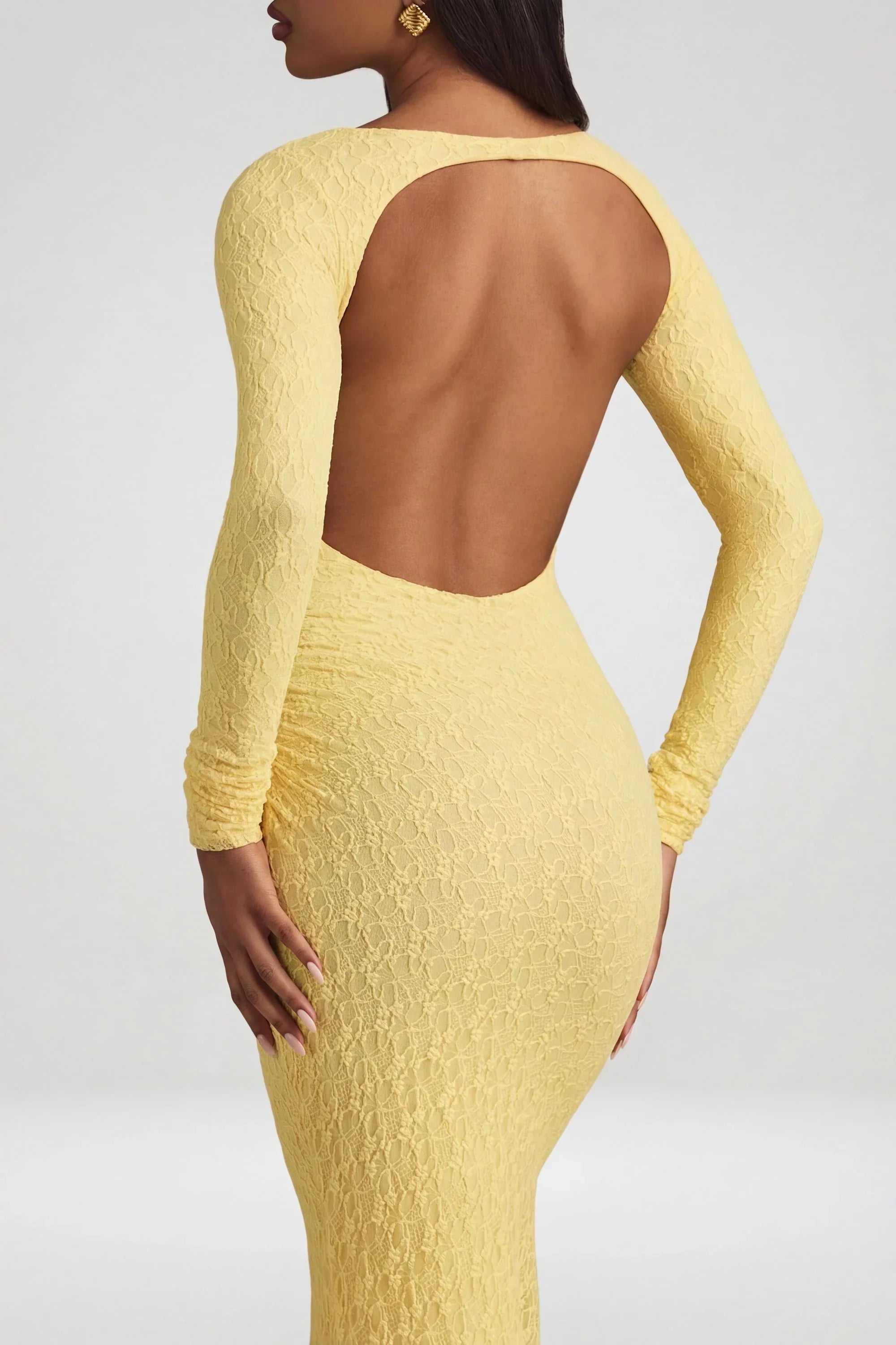 Ruched Backless Lace Maxi Dress in Pastel Yellow